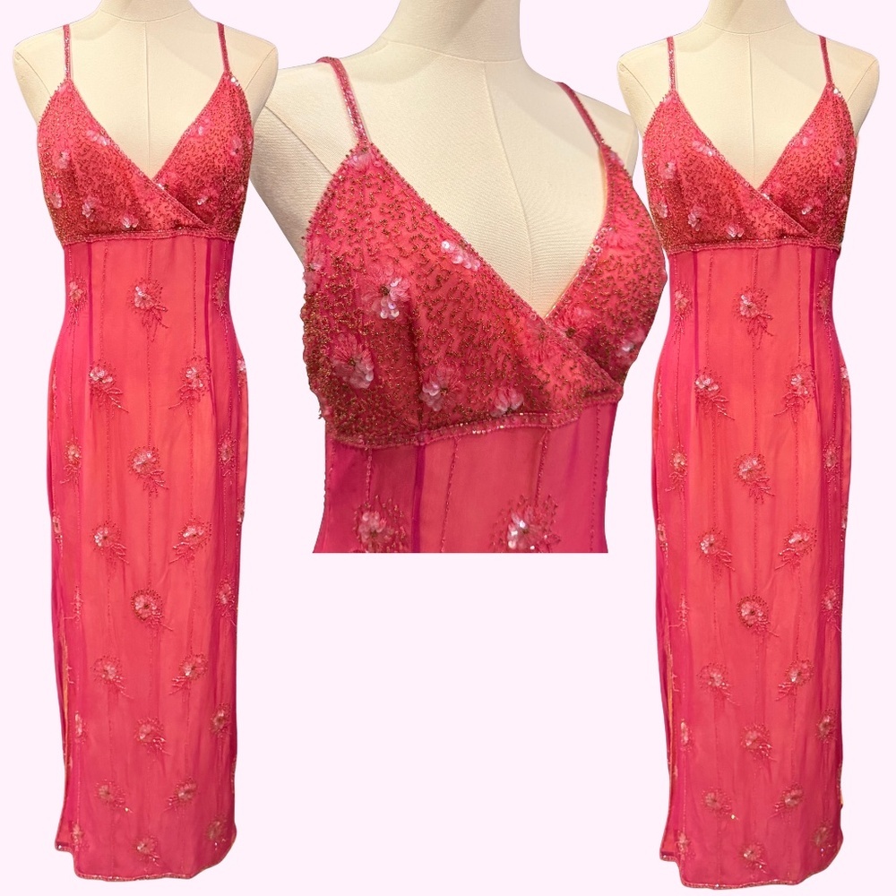 Vintage Y2K Papell Boutique Evening 100% Silk Beaded Pink Fairy Floral Gown P10